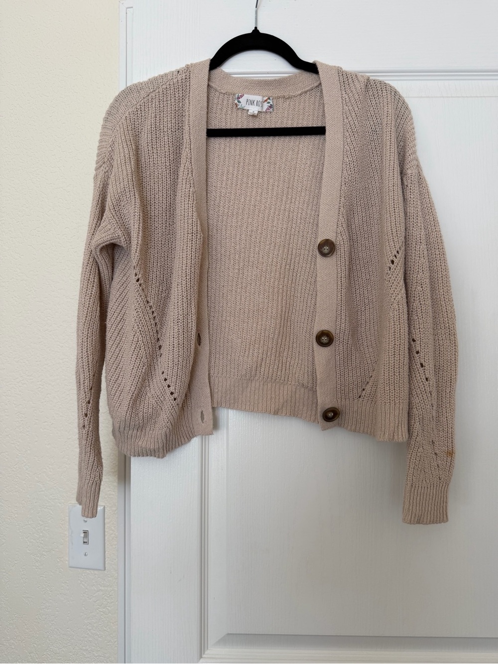 Pink Rose Light Beige Open-Knit Button Cardigan